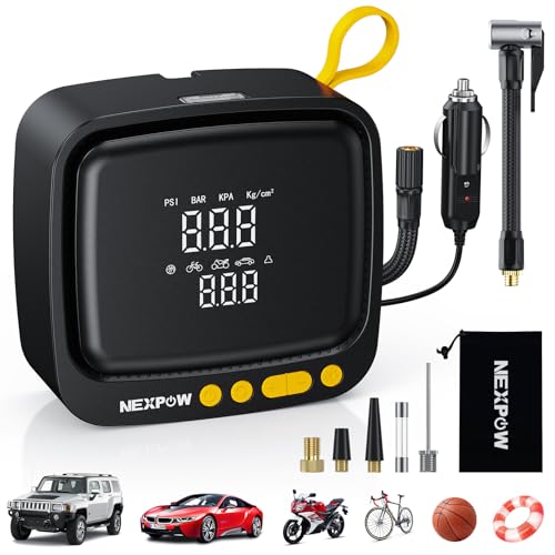 Tire Inflator Portable Air Compressor, NEXPOW 150PSI 12V DC Air Pump with Dual Digital Pressure Gauge & Auto Shut-Off, Air Compressor Portable with LED Light for Car, Motorcycle, Bicycle, Ball, Yellow - color: Yellow, size: Corded 150 PSI