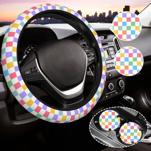 Checkered Steering Wheel Cover for Women,Universal Auto Steering Wheel 14-15 Inch Car Interior Accessories with 2PCS Car Coasters,Suitable for Men and Women - color: Colorful