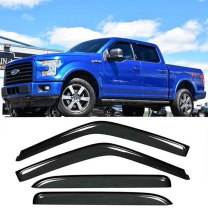 Side Window Visor Deflector fit for 2015-2025 Ford F-150 SuperCrew cab, 17-25 F150 Raptor F250/F350 Super Duty Crew cab,4pcs Outside Mount Tape-on Shatterproof Dark Smoke Rain Guard 94975 - size: 4pcs 15-25 Crew cab(Outside)