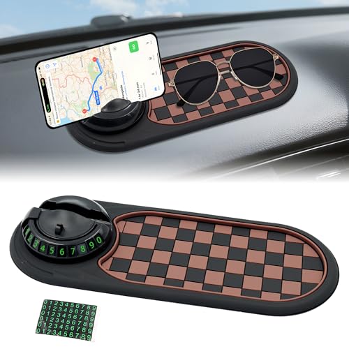 Multifunction Car Anti-Slip Mat Auto Phone Holder, Rotatable Car Anti Slip Mat Phone Holder with Temporary Parking Number, Universal Dashboard Sticky Pad for Glasses Keys (Brown) - color: Brown