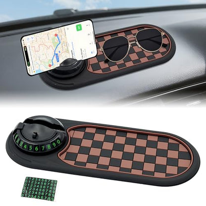 Multifunction Car Anti-Slip Mat Auto Phone Holder, Rotatable Car Anti Slip Mat Phone Holder with Temporary Parking Number, Universal Dashboard Sticky Pad for Glasses Keys (Brown) - color: Brown