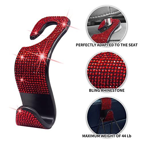 Car Purse Hook Bling Car Headrest Hook for Women Girls, 4 Packs Auto Back Seat Hangers Rear Headrest Hooks for Purse, Bag, Handbag, Grocery (Red) - color: Red