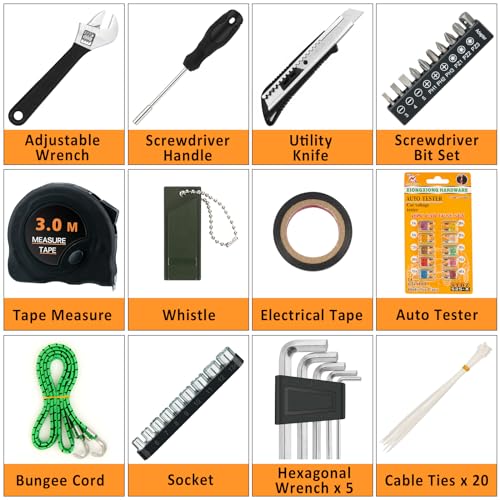 98 PCS Roadside Car Emergency Assistance Kit with Portable Air Compressor Jumper Cables Safety Hammer All in One Pliers Tool Set（Black） - color: Black