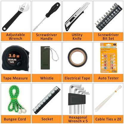 98 PCS Roadside Car Emergency Assistance Kit with Portable Air Compressor Jumper Cables Safety Hammer All in One Pliers Tool Set（Black） - color: Black