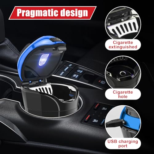 Car Ashtray with Lid, Detachable USB Rechargeable Auto Cigarette Lighter with Blue LED Light, Portable Smell Proof Stainless Car Ash Tray, Mini Automotive Trash Can (Blue) - color: Blue