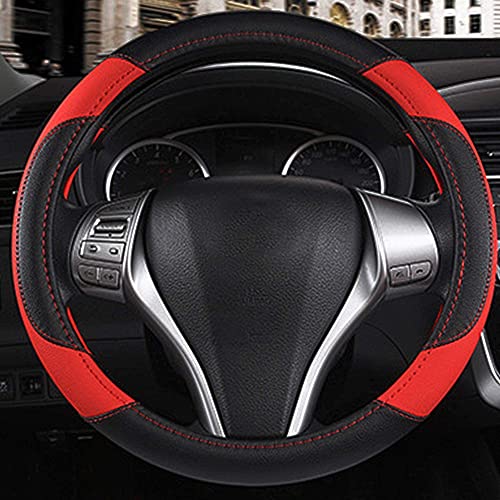 Leather Car Steering Wheel Cover, Non-Slip Car Wheel Cover Protector Breathable Microfiber Leather Universal Fit for Most Cars (Black & Red) - color: Black & Red