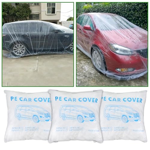 3 Packs Disposable Car Cover Clear Plastic Car Cover Universal Rain Dust Garage Cover with Elastic Band Medium (12.4 FT x 21.6 FT
