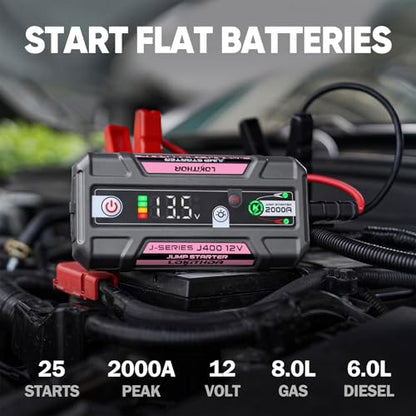 LOKITHOR J400 Jump Starter with ConnectMax Tech, 2000A 12V Battery Jumper Starter Portable, Lithium Jump Box and Jump Pack for Up to 8.0-Liter Gas and 6.0-Liter Diesel Engines, Smart Digital Screen - color: Pink