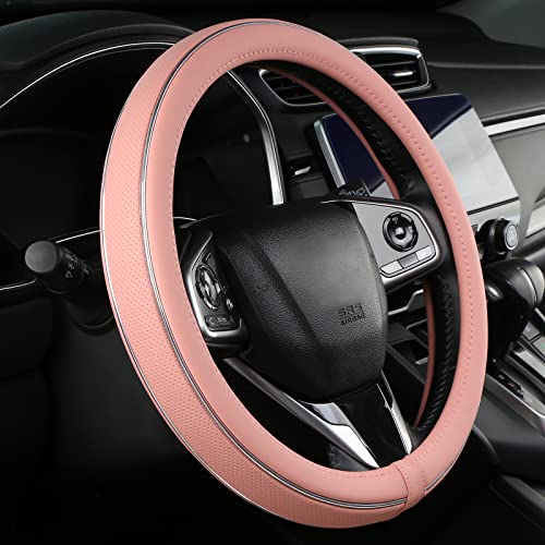 ALEMODR Pink Leather Steering Wheel Cover Fiber Strip Car Steering Wheel Cover Universal 15 inch for Women Girls - color: Pink