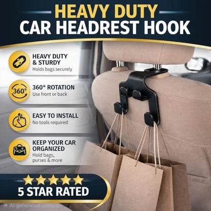 2-in-1 Universal Car Headrest Hook with Integrated Phone Holder | 360° Rotation Seat Back Hanger for Bags, Purses & Groceries | Durable ABS Plastic Car Organizer & Tablet Mount (Pack of 2 - Black)