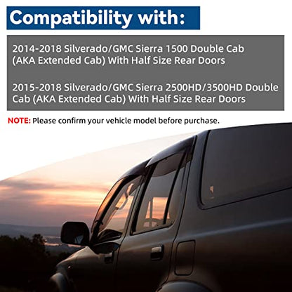 Set of 4 Front+Rear Smoke Sun/Rain Guard Outside Mount Tape-On Acrylic Window Visors Compatible with 14-18 Silverado Sierra 1500 15-18 2500/3500 HD Double/Extended Cab with Half Size Rear Doors - size: for 2014-2018 Chevy & GMC