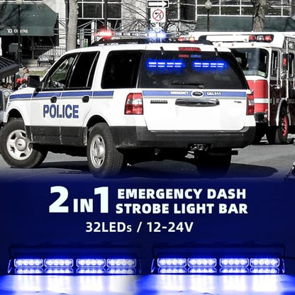 2 in 1 LED Emergency Dash Strobe Light Bar Front/Rear Windshield Safety Flashing Warning Hazard Interior Lights for Police Firefighter Construction Vehicles Trucks (2x14 inch, Blue/Blue) - color: #05 Blue/Blue