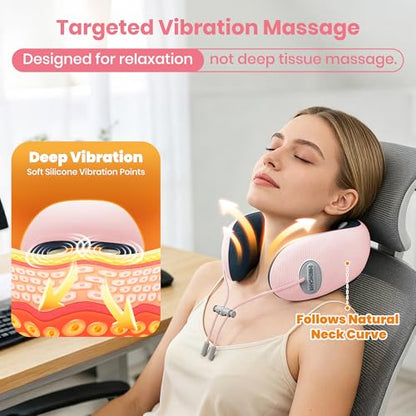 Medicane Pink Neck Travel Pillow with Massage, Neck Massager with Heat & Gentle Vibration Massage with Ergonomic Foam,Perfect for Airplane,Car,Office,Pain Relief,Sleeping,Traveling,Long Flight - color: Pink