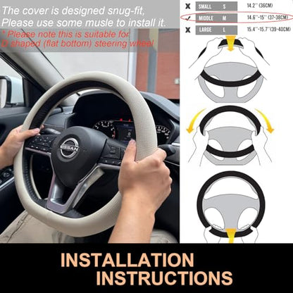 PINCTROT D Shaped Nappa Leather Steering Wheel Cover, Slim Fit No Bulk Design, One Piece Leather with Breathable Perforation, Fit Like Gloves, Flat Bottom 14.5-15 Inch(Nappa Beige) - color: 06.Beige, size: D Shaped/Flat Bottom[14 1/2''-15'']