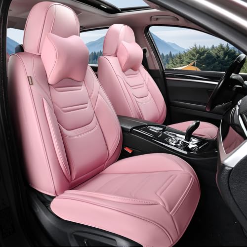 TIEHESYT Pink Car Seat Covers Front Pair, Breathable Leather Automotive Front Seat Covers & Headrest, Auto Seat Cover, Compatible with Most Cars Sedans SUV Pickup Trucks - color: Cute Pink, size: Front Pair