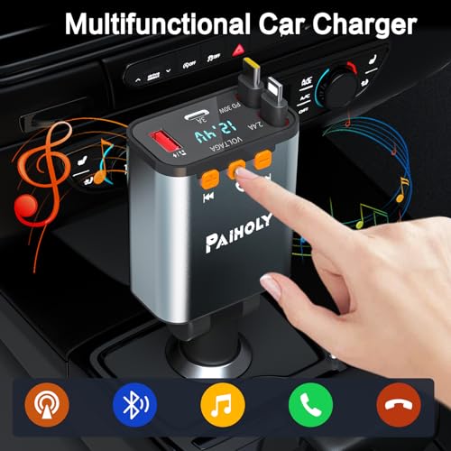 Bluetooth 5.3 Car Adapter, FM Transmitter Bluetooth Car Charger, 4 in 1 Retractable Car Charger, Phone USB C PD Fast Charging Adapter for RV SUV Truck, Fit iPhone 17/16/15/14 (Type C & Lightning)