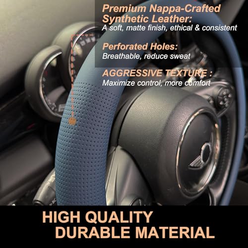 PINCTROT Nappa Leather Steering Wheel Cover, Slim Fit No Bulk Design, One Piece Leather with Breathable Perforation, Fit Like Gloves, Universal 14.5-15 Inch(Nappa Smoky Blue) - color: 03.Smoky Blue, size: Medium(Standard) Size[14 1/2''-15'']