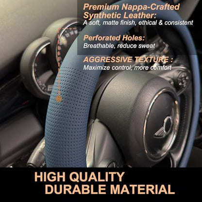 PINCTROT Nappa Leather Steering Wheel Cover, Slim Fit No Bulk Design, One Piece Leather with Breathable Perforation, Fit Like Gloves, Universal 14.5-15 Inch(Nappa Smoky Blue) - color: 03.Smoky Blue, size: Medium(Standard) Size[14 1/2''-15'']