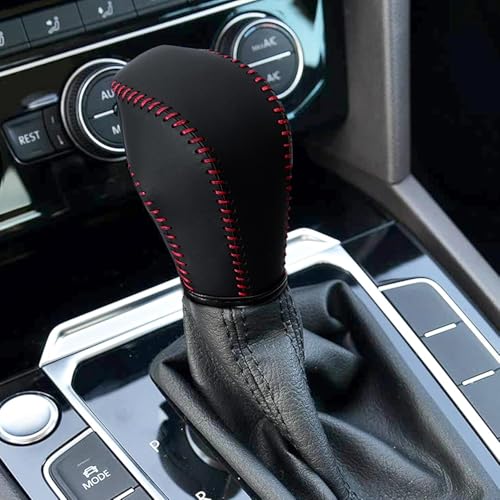 Leather Gear Shift Knob Cover Compatible with Volkswagen Atlas丨 Beetle丨 Golf丨 Passat丨 Jetta 丨 Tiguan 2011-2021 Black Leather with Red Stitches Shifter Knob Cover - Black&Red - color: Red&Black