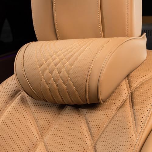 Car Headrest Memory Foam Neck Pillow for Driving with Leather Cover Soft Comfortable Seat Head Pillow Cushion for Most Cars SUV Sedan Home Office Palomino Brown (1PC) - color: Palomino Brown, size: Headrest 1 Pack