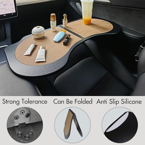 Frins for Tesla Car Desk,Foldable Car Table for Laptop(PU Leather &Wood Grain),Tesla Model Y/3 Accessories Tray,Car Tray for Dining/Work/Study/Game/Makeup/Travel/Outdoor for Model Y/3/X &Most Vehicles