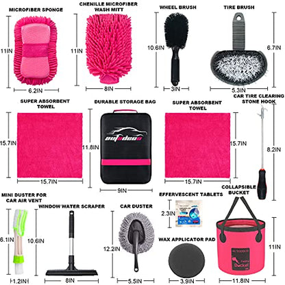 22Pcs Car Wash Cleaning Tools Kit Car Detailing Set with Canvas Bag Pink Collapsible Bucket Wash Mitt Sponge Towels Tire Brush Window Scraper Duster Complete Interior Car Care Kit - color: Pink