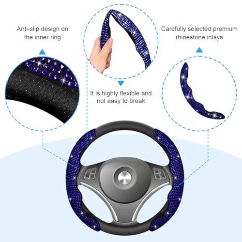 Bling Car Steering Wheel Cover, Rhinestones Non-Slip 15 Inches Vehicle Wheel Cover, Diamond Sparkling Steering Protector for Women Girls, Universal Automotive Accessories (Blue) - color: Blue