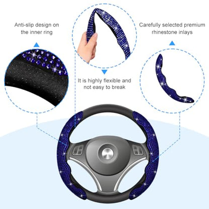 Bling Car Steering Wheel Cover, Rhinestones Non-Slip 15 Inches Vehicle Wheel Cover, Diamond Sparkling Steering Protector for Women Girls, Universal Automotive Accessories (Blue) - color: Blue