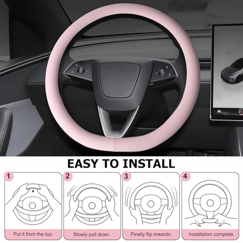 Microfiber Leather Universal 14.5-15 inch Steering Wheel Cover,Easy to Install Non-Slip Breathable Steering Wheel Protector Light Pink - color: Light Pink