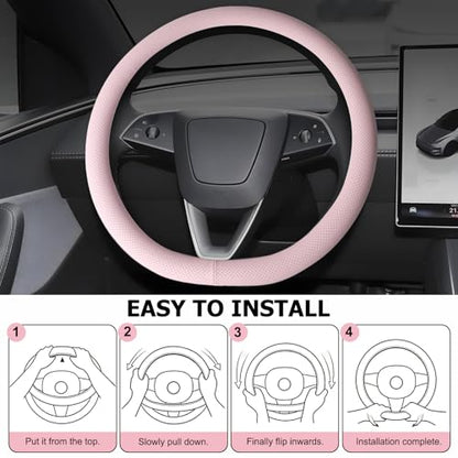 Microfiber Leather Universal 14.5-15 inch Steering Wheel Cover,Easy to Install Non-Slip Breathable Steering Wheel Protector Light Pink - color: Light Pink