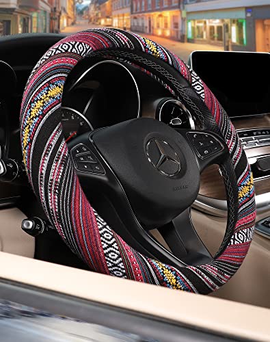 SEG Direct Boho Steering Wheel Cover with Baja Blanket Cloth, Ethnic Style Auto Wheel Cover Made of Coarse Flax, Fits 14 1/2-15 1/4 inches Car Wheel - color: Rich Fuchsia