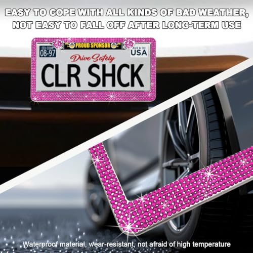 DXNQ 2PCS Bling License Plate Frame, Sparkly Rhinestone Diamond License Plate Cover with Crystal Screws Caps, Glitter Crystal Stainless Steel License Plate Holder for Women (Pink) - color: Pink, 2PCS