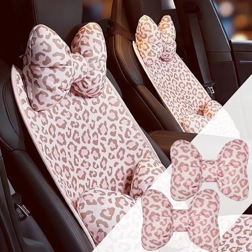 2PCS Chic Car Headrests with Bow-Shaped Cotton Linen Bowknot Neck Pillows for Cozy Road Trip & Cute Interior Decoration (Pink Leopard) - color: Pink Leopard