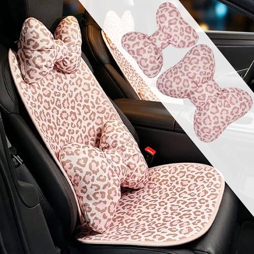 2PCS Chic Car Headrests with Bow-Shaped Cotton Linen Bowknot Neck Pillows for Cozy Road Trip & Cute Interior Decoration (Pink Leopard Neck Waist Support) - color: Pink Leopard Neck Waist Support