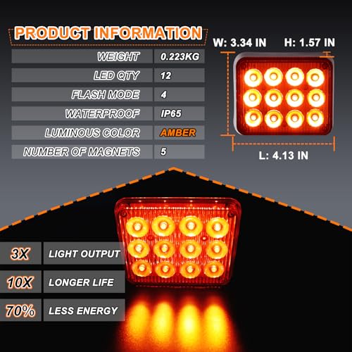 2PCS Amber LED Emergency Strobe Lights, Magnetic Strobe Flashing Beacon Lights Rechargeable Wireless Battery Powered 12-LED Caution Safety Warning Lights for Trucks Trailers Car Van ATV Tow - color: Amber