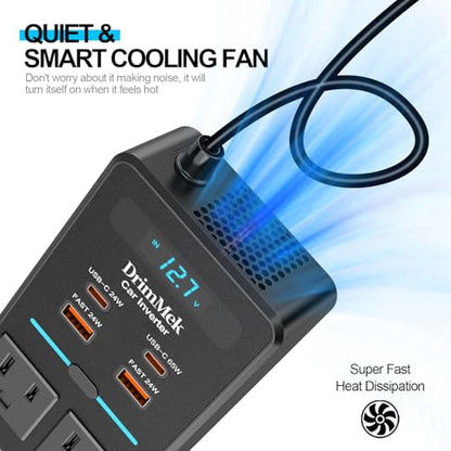 300W Car Power Inverter, DC 12V to 110V AC Car Plug Adapter with LED Display, 65W/24W USB-C Fast Charging Car Outlet Adapter to Wall Plug,Portable Car Charger with Switch Control Converter for Laptops