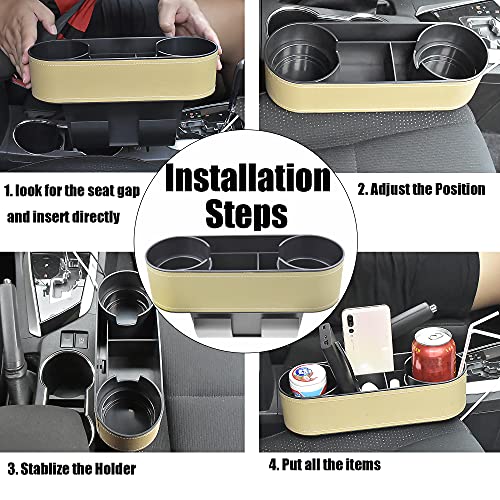 IOKONE Car Cup Holder, Auto Front Seat Organizer, Multifunctional Cup Drink Holders with PU Leather Cover, Gap Filler Storage Box Coin Bucket Console Side Pocket Cell Mobile Phone Holder(Slim-Beige) - color: Slim-Beige