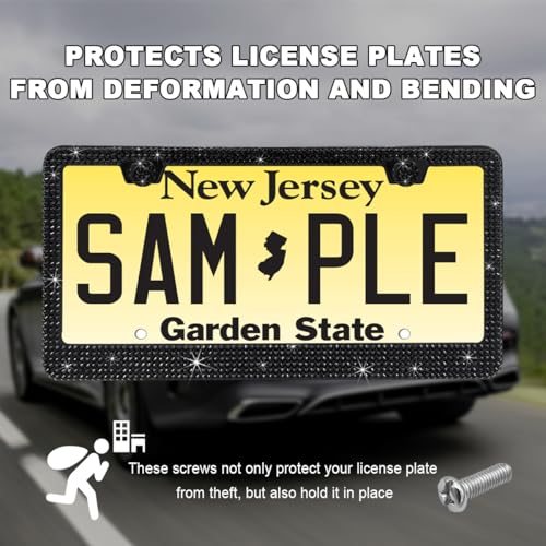 DXNQ Bling License Plate Frame, Sparkly Rhinestone Diamond License Plate Cover with Crystal Screws Caps, Glitter Crystal Stainless Steel License Plate Holder for Women, Car Accessories (Black,2PCS) - color: Black,2PCS