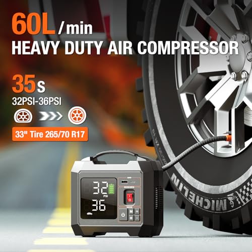 Portable Heavy-Duty Tire Inflator for Pickup Truck,RV, 300PSI Air Compressor, 9X Faster Inflator with 3.7 inch Digital Gauge. 5 Safety Protections and Cooling System for Truck, SUV, Compact Cars