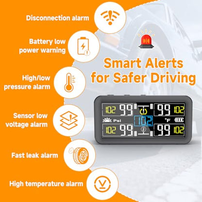 GEARGO 𝟐𝟎𝟐𝟔 𝐔𝐩𝐠𝐫𝐚𝐝𝐞𝐝 Tire Pressure Monitoring System, TPMS with Solar & USB-C Dual Charging, 4 External Sensors (0–99 PSI), 6 Alarm Modes, Color LCD Display for RV/Trailer/Truck/SUV