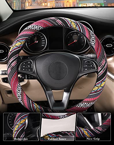 SEG Direct Boho Steering Wheel Cover with Baja Blanket Cloth, Ethnic Style Auto Wheel Cover Made of Coarse Flax, Fits 14 1/2-15 1/4 inches Car Wheel - color: Rich Fuchsia