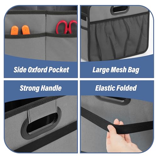 Simple Deluxe Car Trunk Organizer, 2 Compartments Collapsible Trunk Storage, Anti-slip Design, Made of Waterproof 600D Oxford Polyester, Suitable for SUV, Minivan, Truck, Standard Size, Grey