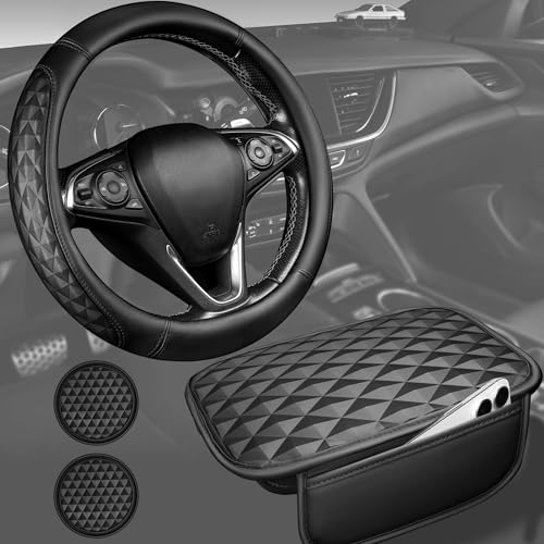 CAR PASS 3D Memory Foam Leather Car Steering Wheel Cover Set, Comfortable Rhombus Leather Center Console Armrest Cushion with Storage Bags Non-Slip 14.5-15in Car Interior Covers Sets, 4 PCS All Black - color: Black