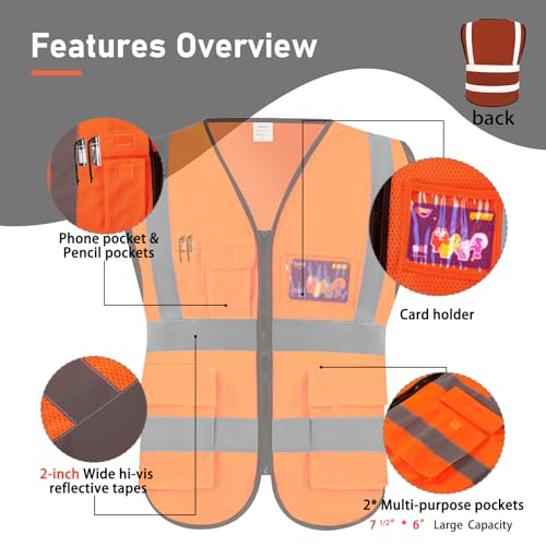 High Visibility Vest Safety Vest with Pockets and Zipper Meets ANSI/ISEA Standard(1 Pack 5 Pack) - color: Orange-mesh, size: Medium