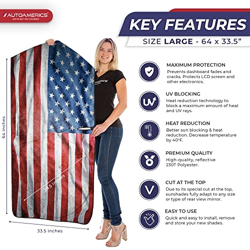 Autoamerics 1-Piece Windshield Sun Shade Grunge American Flag - 3 USA Design - Foldable Car Front Window Sunshade for Most Sedans SUV Truck - Blocks Max UV Rays and Keeps Your Vehicle Cool - Large - color: USA GRUNGE FLAG-3, size: LARGE = 64 x 33.5 inches