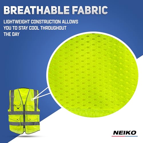 Neiko High Visibility Safety Vest ANSI Class 2, 9 Pockets - size: Medium, style: Mesh