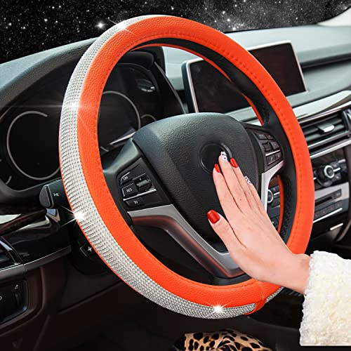New Diamond Leather Steering Wheel Cover with Bling Bling Crystal Rhinestones, Universal Fit 15 Inch Car Wheel Protector for Women Girls Orange - color: Orange with White Diamonds, size: Standard Size[14"1/2-15"]