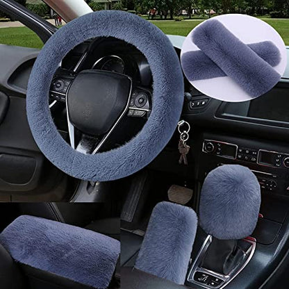 1 Set 6 Pcs Fluffy Car Steering Wheel Cover & Seat Belt Shoulder Pads & Handbrake Cover & Gear Shift Cover Set & Seat Belt Shoulder Pads Faux Wool Universal Fit Car Interior Accessories (Grey) - color: Grey