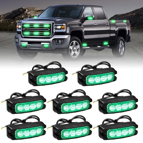 XRIDONSEN 8PCS Sync Truck Grill Strobe Lights 32 LED Green Emergency Lights Grille Surface Mount Strobe Flashing Warning Hazard Caution Safety Light for Tow Plow Trucks Construction Vehicles Car - color: Green