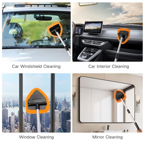 Qydipclin 10pcs Windshield Cleaning Tool Inside Car Window Cleaner Wash Kit with 4 Reusable Microfiber Pads 1 Spray Bottle and Extendable Handle Interior Auto Glass Wiper Kit, Orange - color: Orange